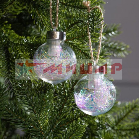 Игрушка новогодняя н-р 2шт Шар Мишура блестящая 6см /1LED, работает от батареек/ 5864383