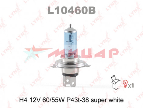 Автолампа H4 12В 60/55 P43t Lynxauto Super White L10460B
